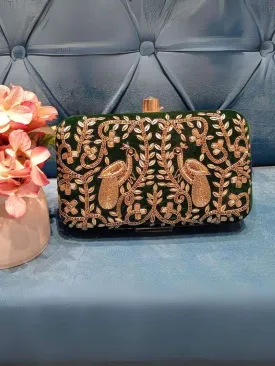 Green Velvet Zardosi Metal Box Clutch