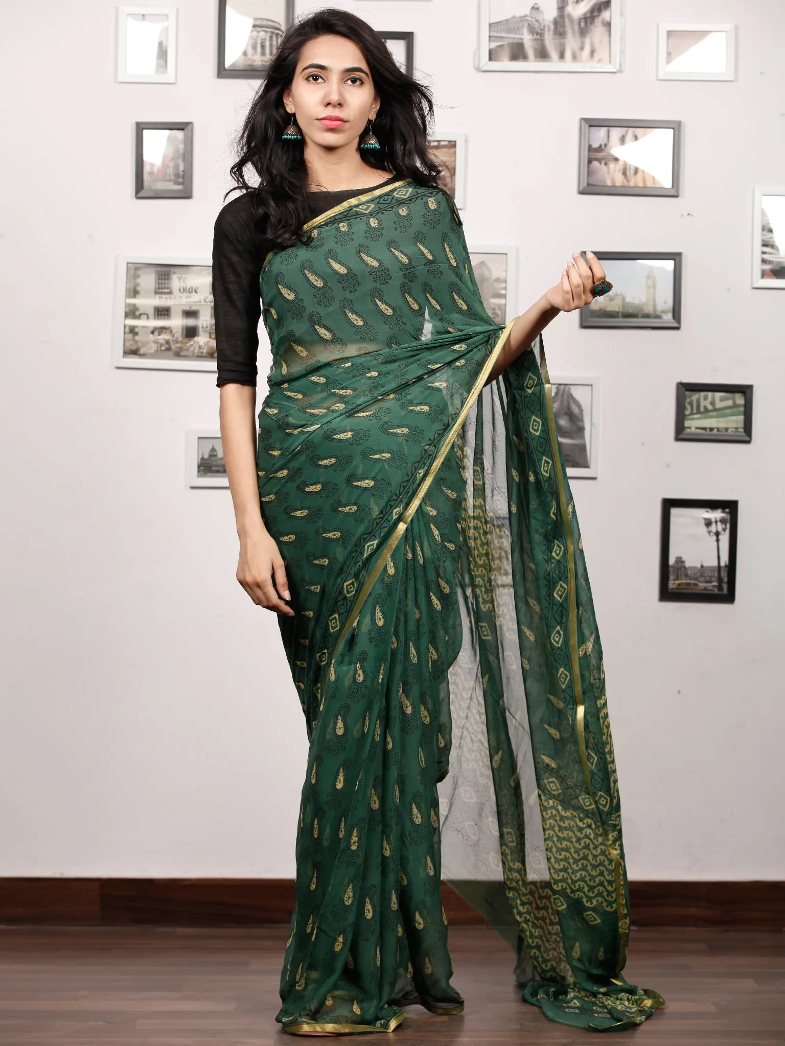 Green Yellow Black Hand Block Printed Chiffon Saree with Zari Border - S031703508