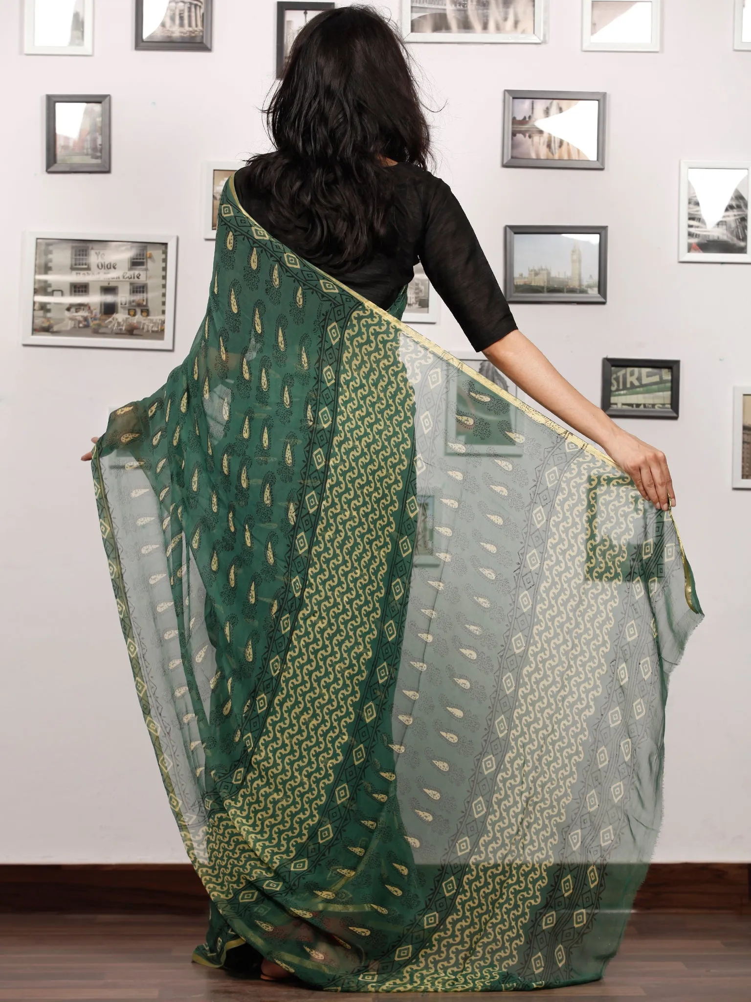 Green Yellow Black Hand Block Printed Chiffon Saree with Zari Border - S031703508