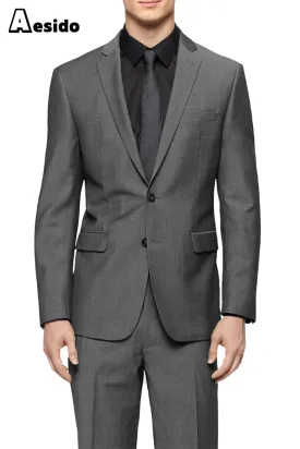 Grey 2 Pieces Business Casual Notch Lapel Slim Fit Men's Suit (Blazer Pants)