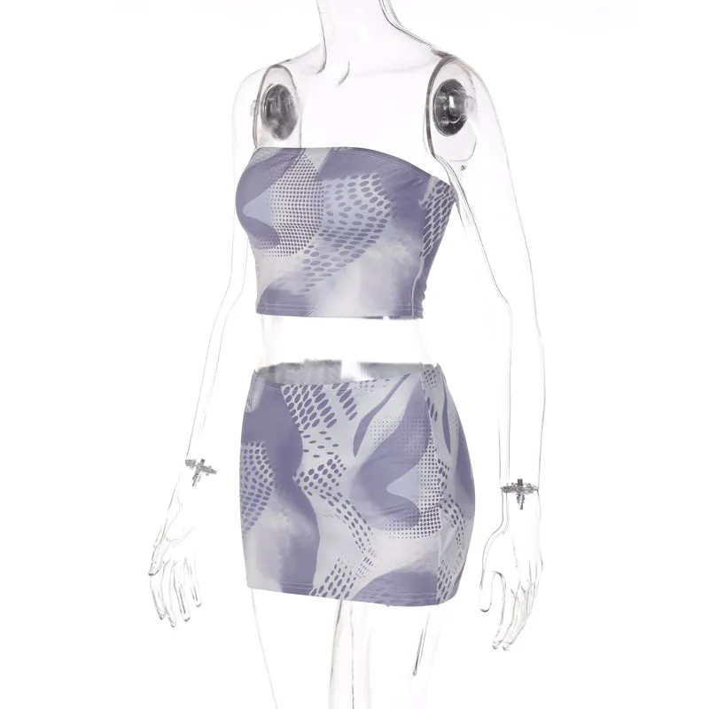 Grey Abstract Print Strapless Crop Top & Mini Skirt 2 Piece Set