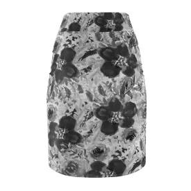 Grey Floral Women's Pencil Skirt, Gray Rose Flower Patterned Mid Waist Stretchy Skirt-Made in USA