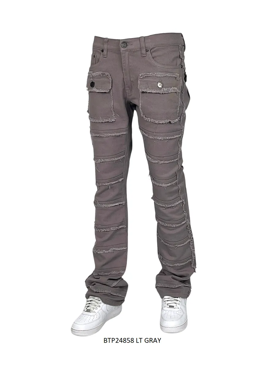 Grey Stacked Jeans Men's Denim Pants Frayed Stack Fit with Pockets