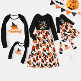 Halloween Family Matching  Dress Long-sleeve Letter & Pumpkin Lantern Print Spliced Dresses and Raglan-sleeve T-shirts Sets