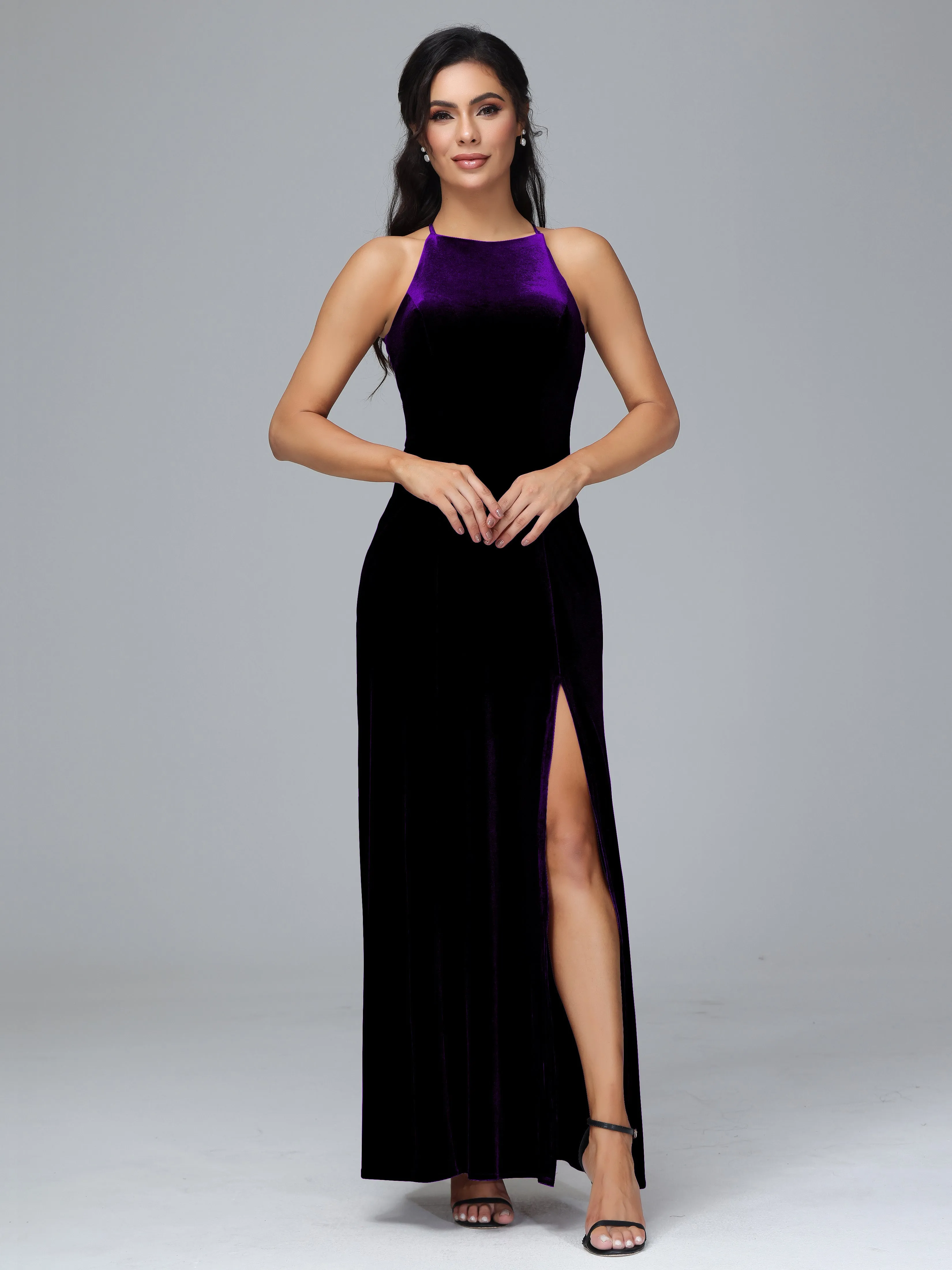 Halter Sleeveless Velvet Plus Size Bridesmaid Dresses With Split