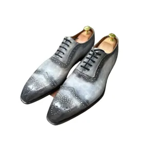 Hand-Dyed Gray Brogue Wingtip Oxford Shoes for Weddings or Formal Wear - Men's Luxury Gradient Gray Brogue Dress Wingtip Oxford Shoes