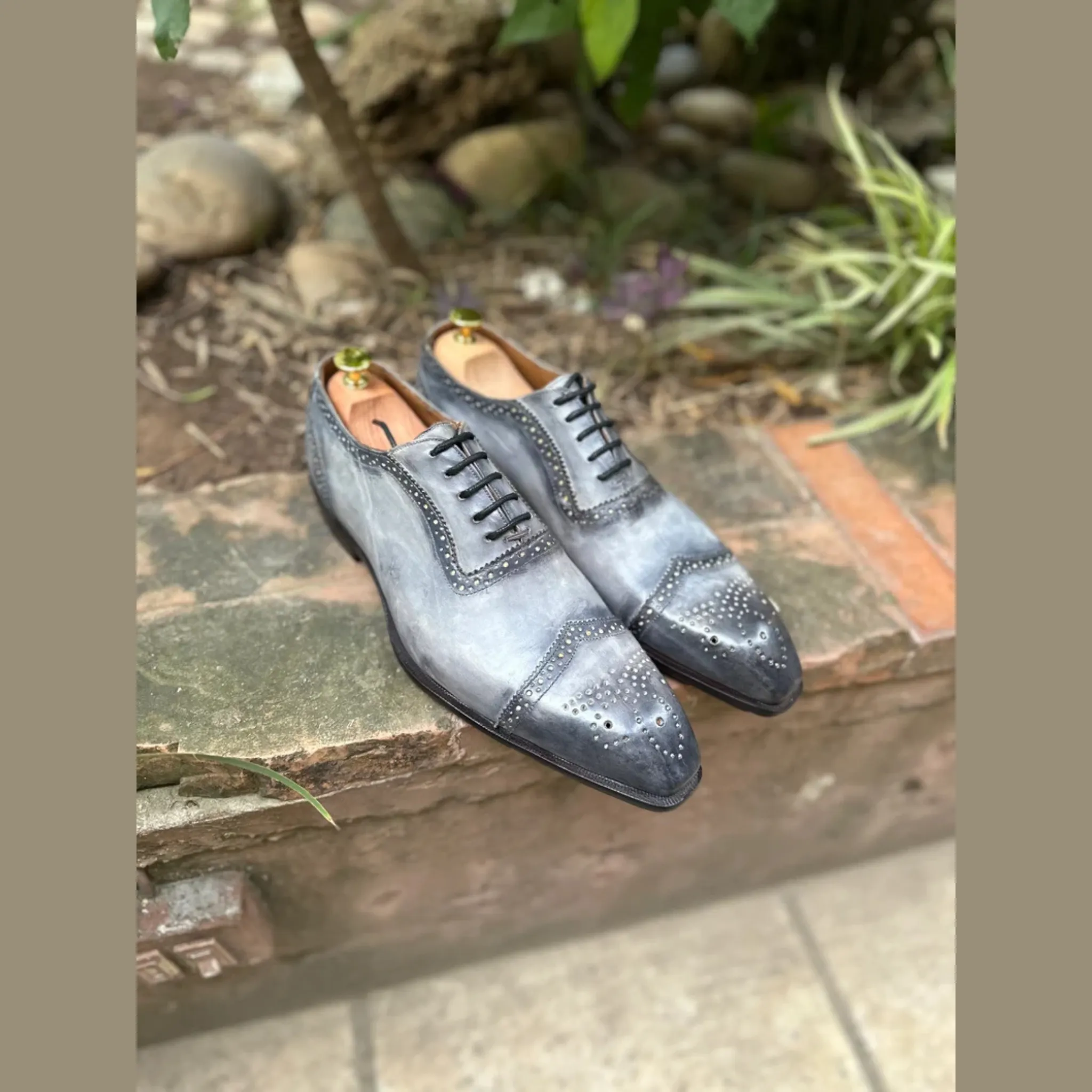 Hand-Dyed Gray Brogue Wingtip Oxford Shoes for Weddings or Formal Wear - Men's Luxury Gradient Gray Brogue Dress Wingtip Oxford Shoes