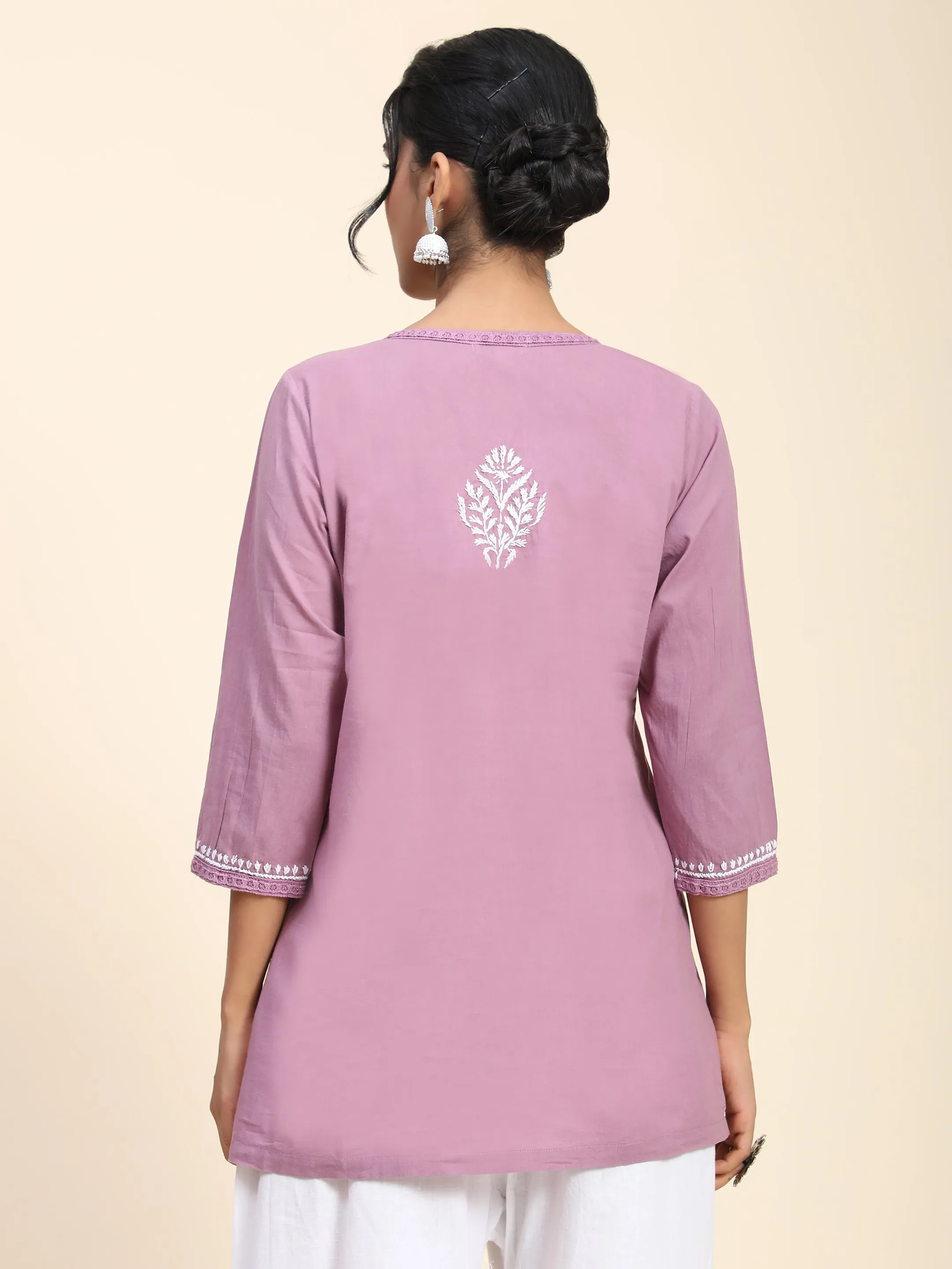 Hand Embroidery Chinakari Short Cotton Tunics- Purple