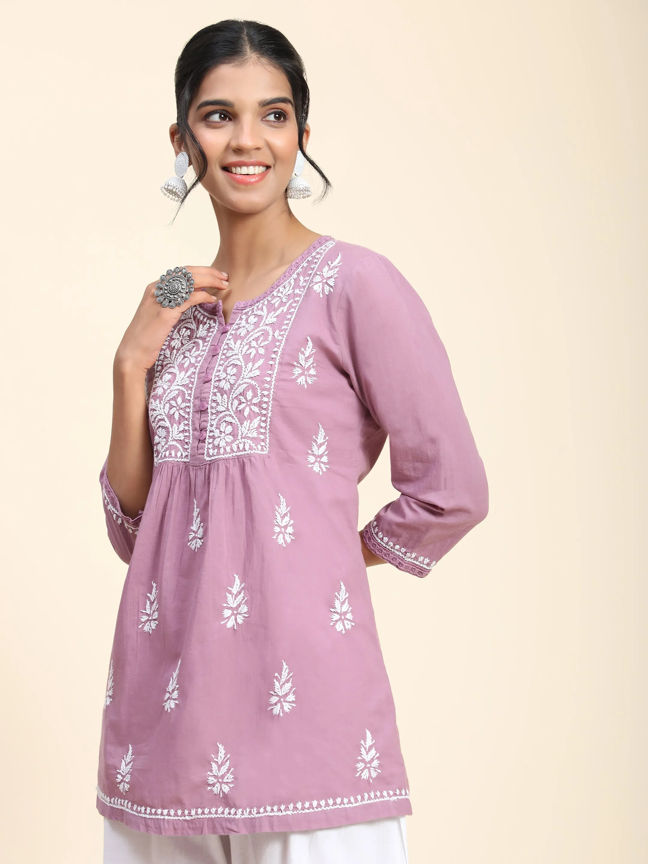 Hand Embroidery Chinakari Short Cotton Tunics- Purple