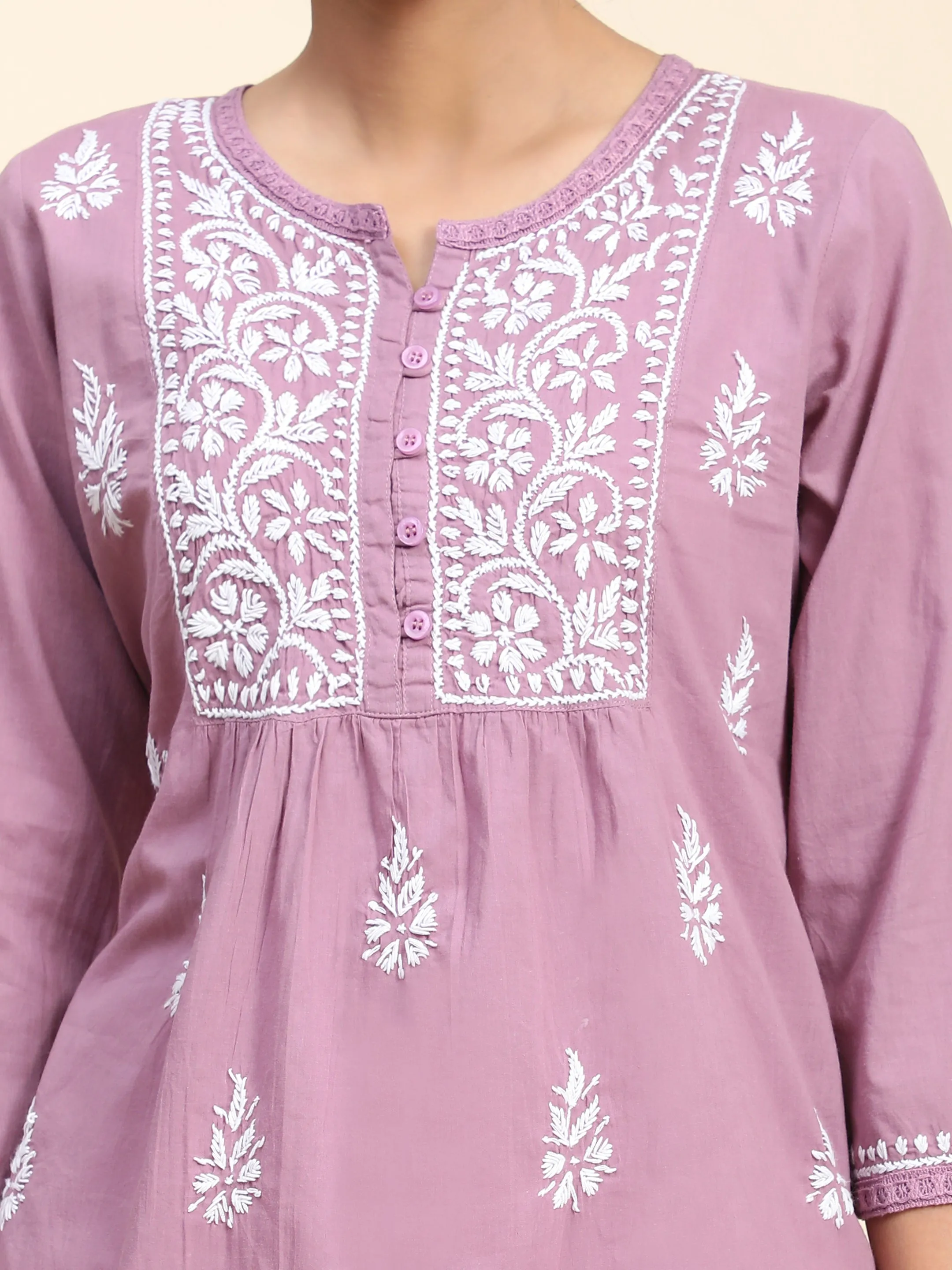 Hand Embroidery Chinakari Short Cotton Tunics- Purple