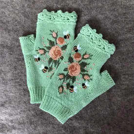 Hand Knit Floral Embroidered Fingerless Wrist Warmer Gloves