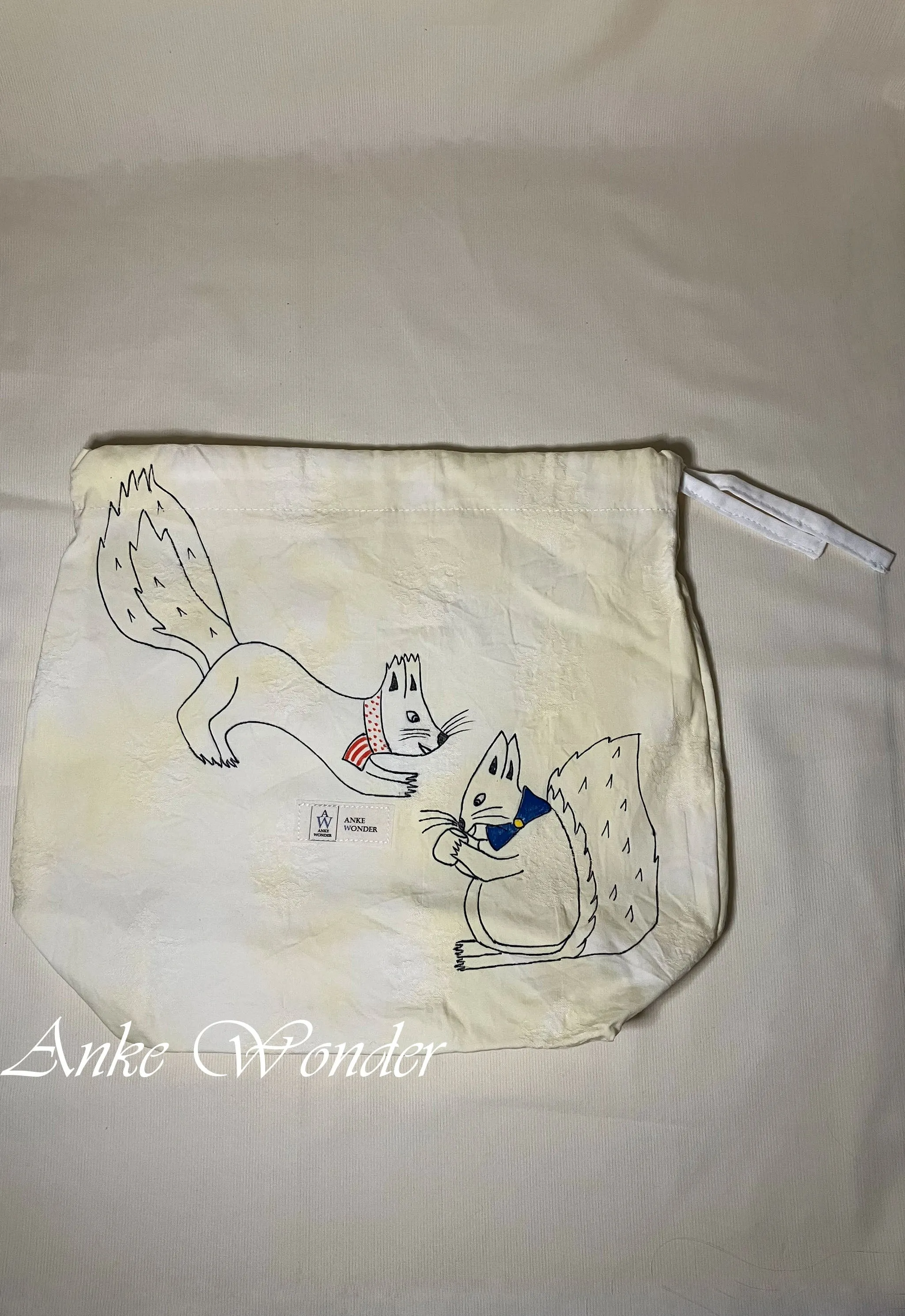 Hand-Painted Squirrels Drawstring Bag Naturally Dyed