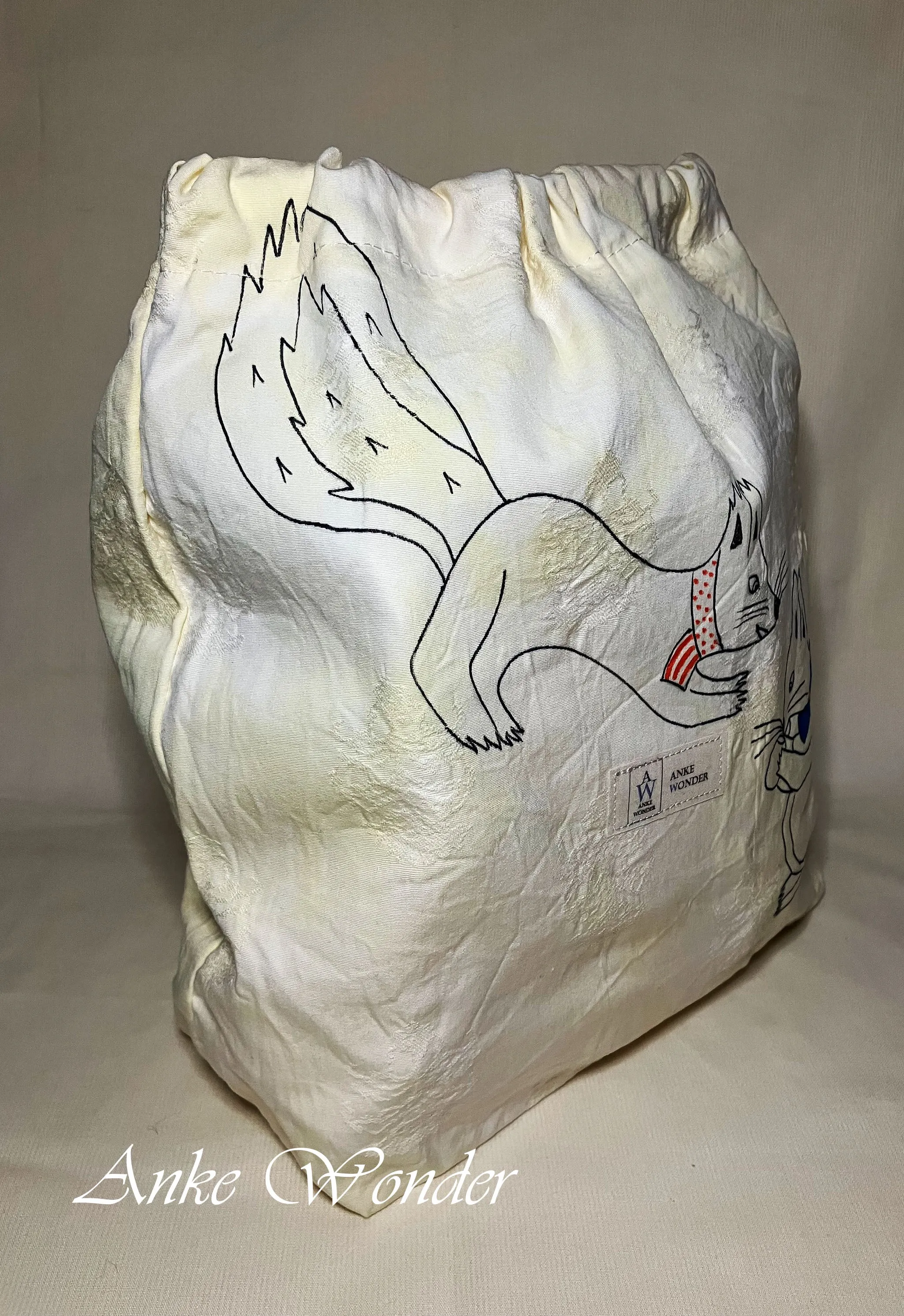 Hand-Painted Squirrels Drawstring Bag Naturally Dyed