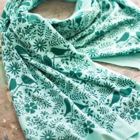 Hand-Printed Scarf - Aqua Birdwatching Pattern - Handmade Scarf - Eco-Friendly Bamboo Scarf