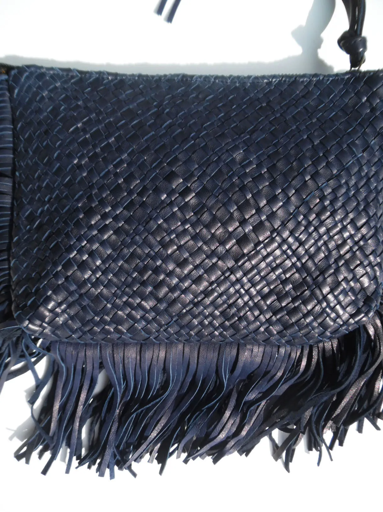 Hand Woven Leather Clutch With Fringe And Tassel Metallic