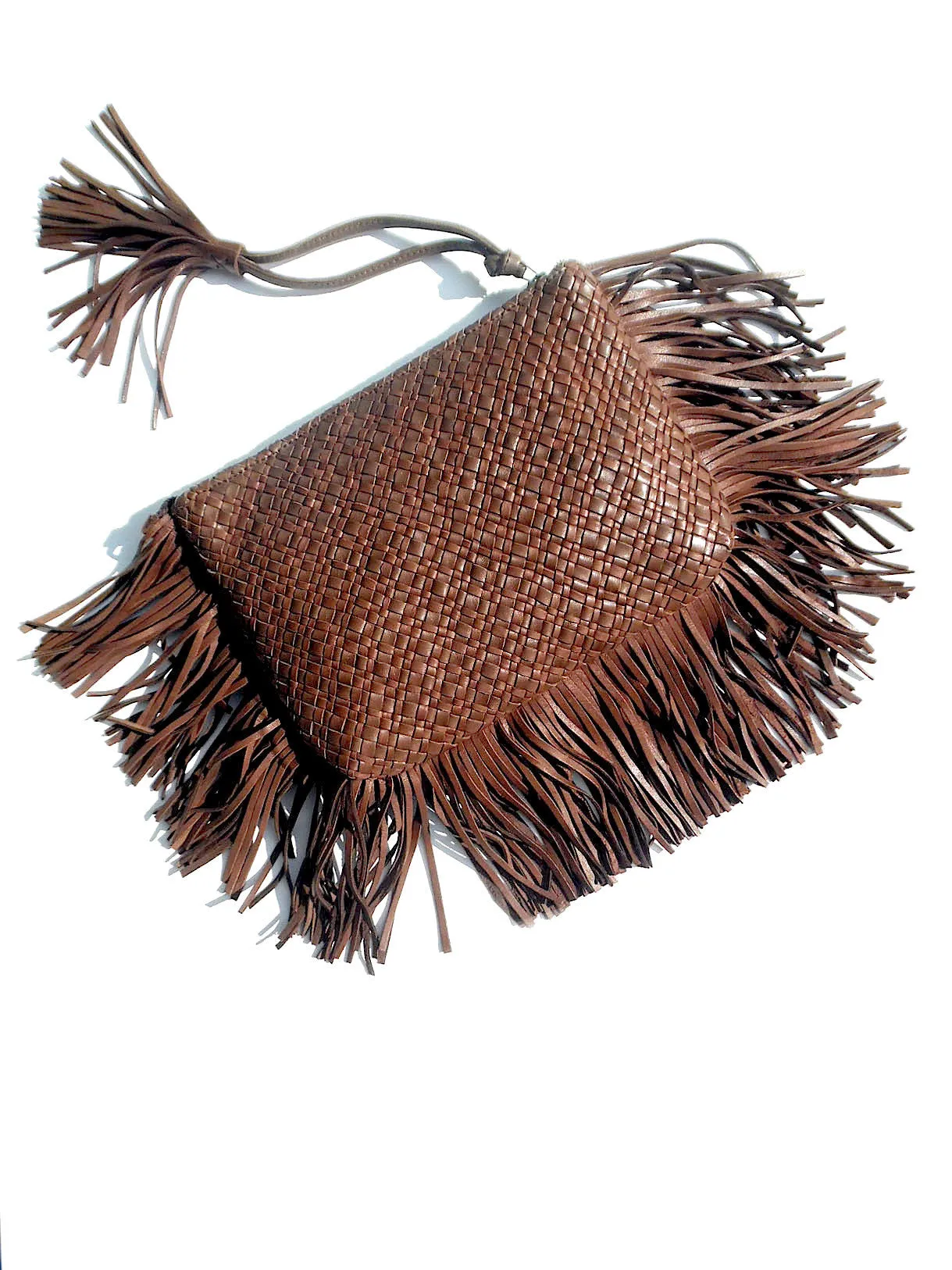 Hand Woven Leather Clutch With Fringe And Tassel Metallic