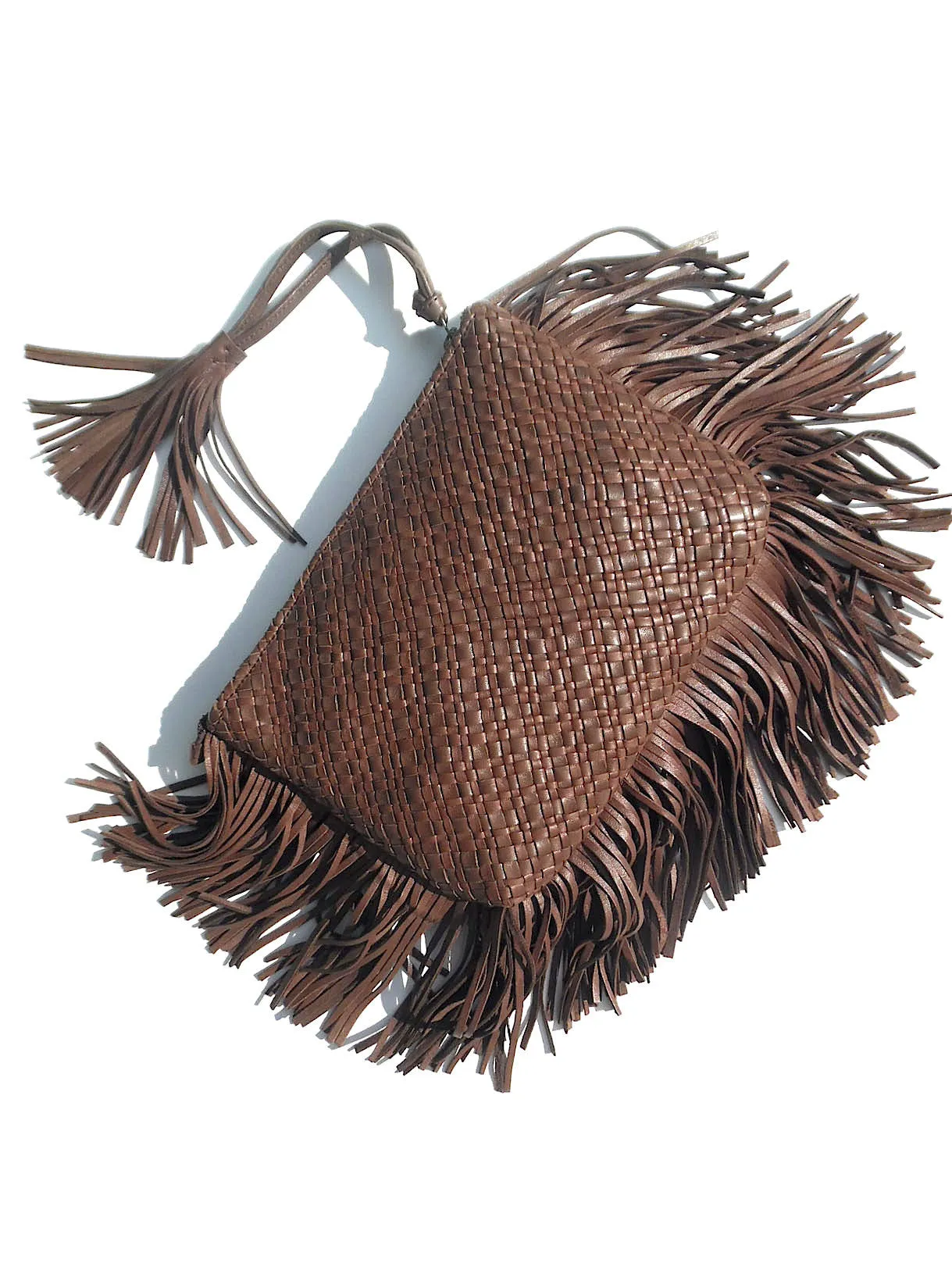 Hand Woven Leather Clutch With Fringe And Tassel Metallic