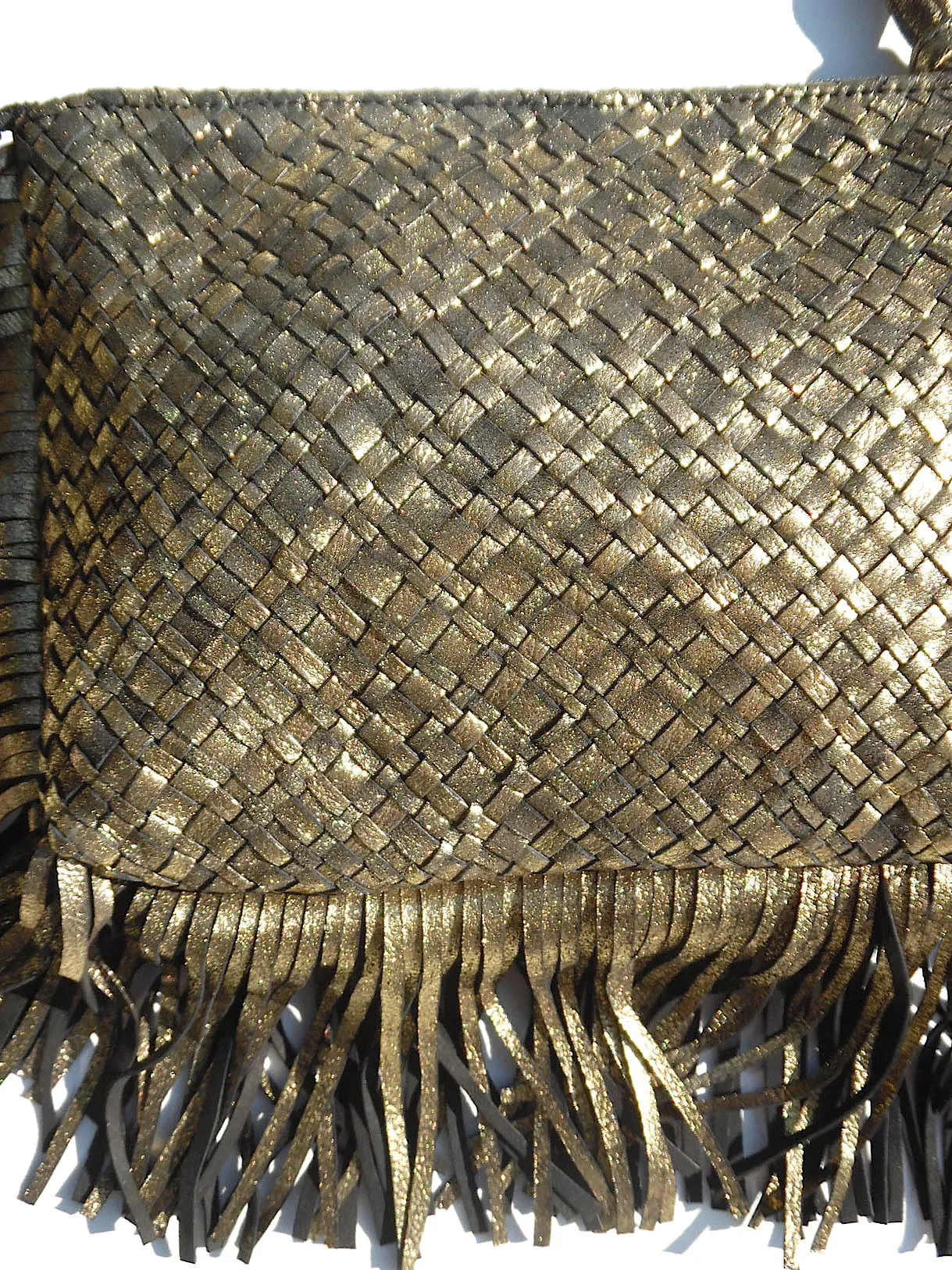 Hand Woven Leather Clutch With Fringe And Tassel Metallic