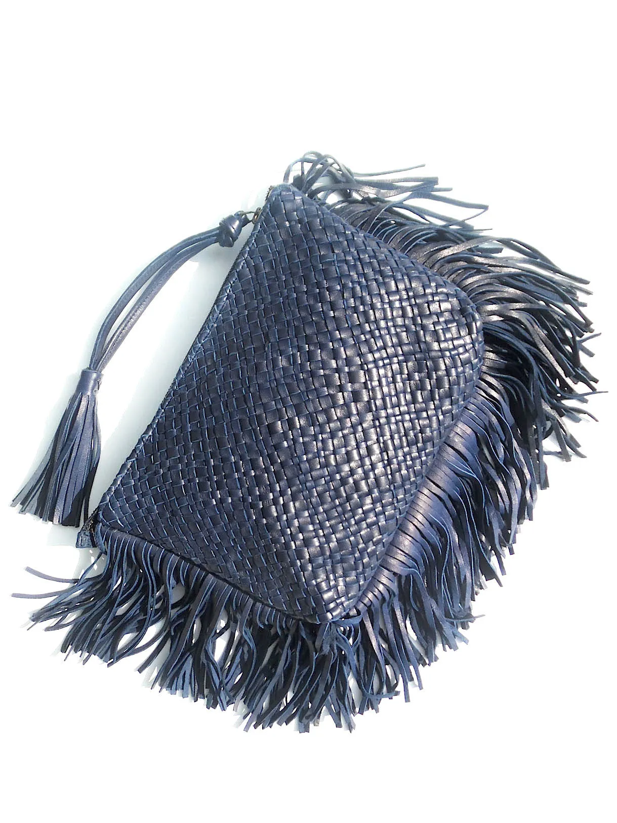 Hand Woven Leather Clutch With Fringe And Tassel Metallic