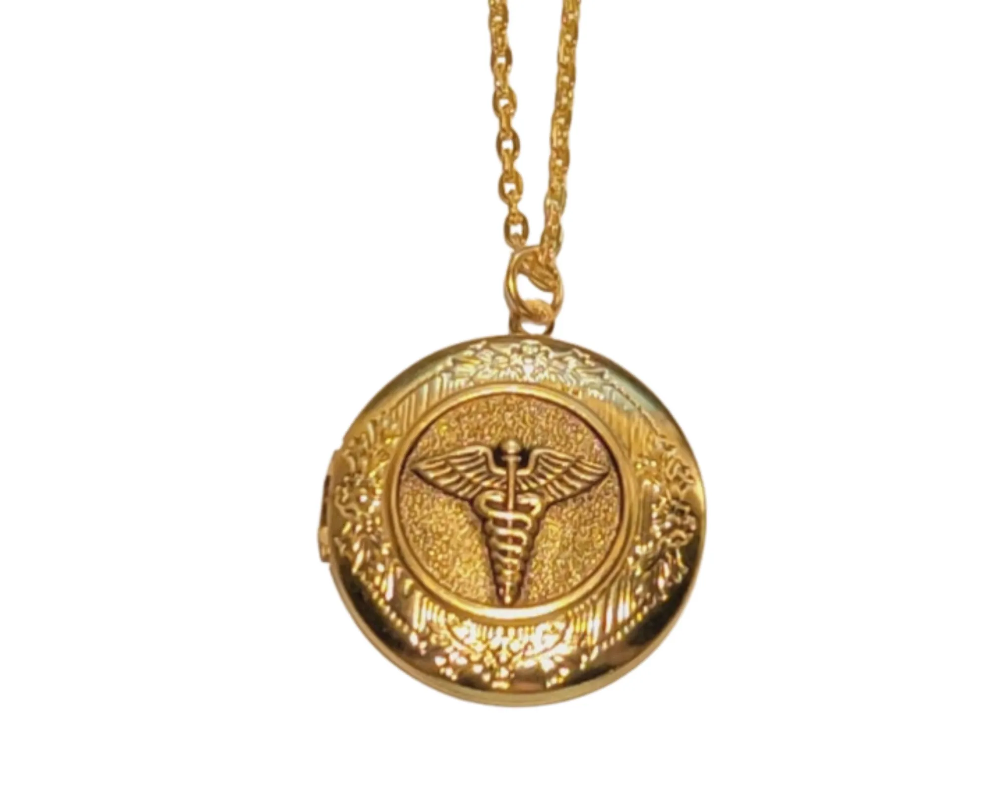 Handmade Antique Gold Caduceus Medical Symbol Locket Necklace