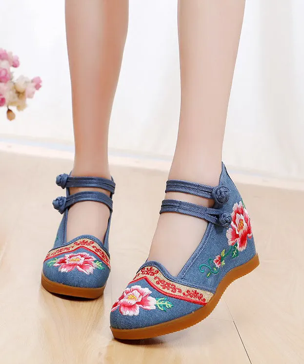 Handmade Buckle Strap Wedge High Wedge Heels Shoes Blue Embroideried Comfy Linen Fabric