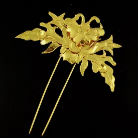 Handmade Flower and Butterfly Miao Filigreed 2-Prong Hair Stick Gold