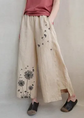 Handmade Khaki Print Dandelion Wide Leg Pants Summer Cotton Linen