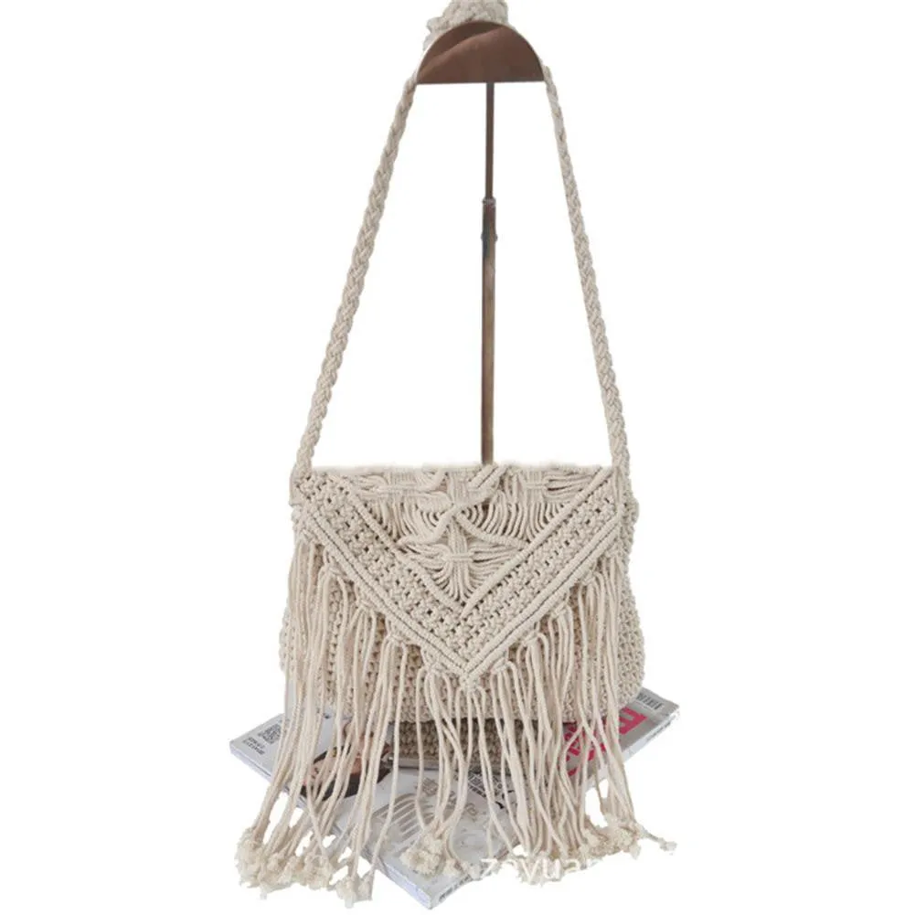 Handmade Macrame Shoulder Bag - Boho Macrame Bag- Cotton Rope Bag - Crossbody Bag - Handmade Knitted Rattan Summer Beach Bag Tassel Women