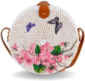 Handwoven Round Rattan Bag with Leather Shoulder Strap