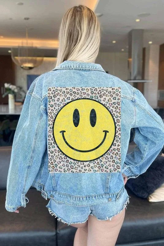 HAPPY FACE LEOPARD DENIM JACKET