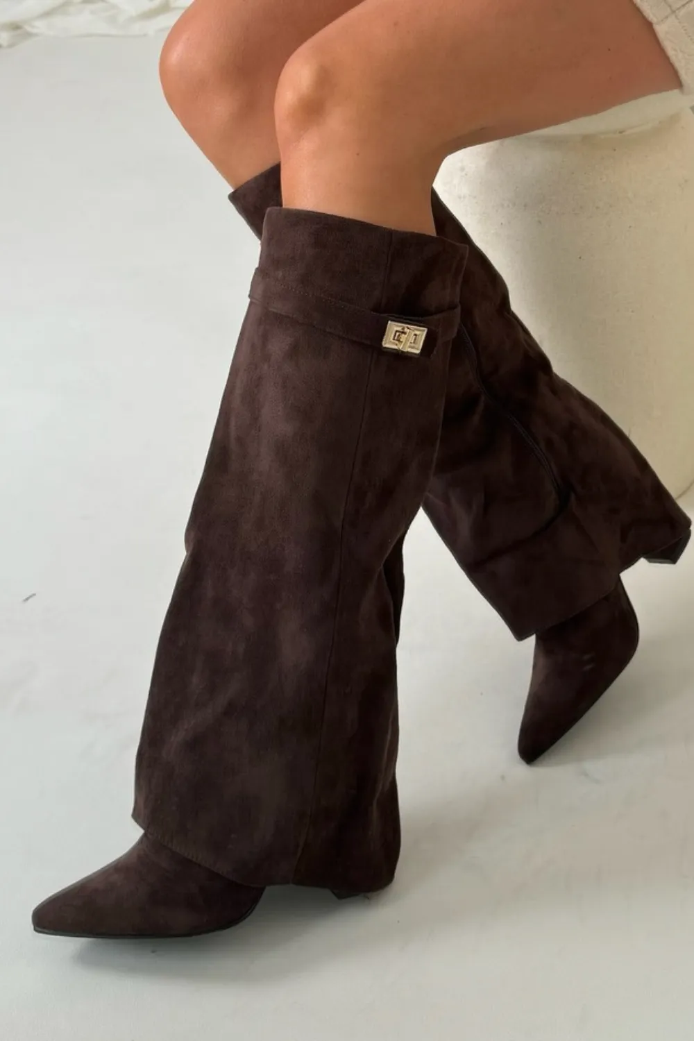 Harley chocolate faux suede knee high fold over heel boots