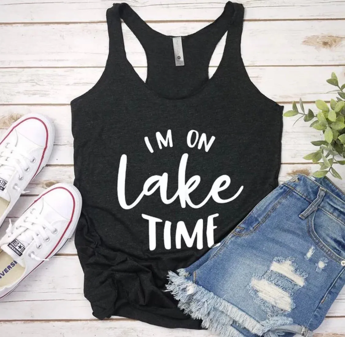 Hats and clothing { I’m on lake time } Black • S - 3XL • Tank tops