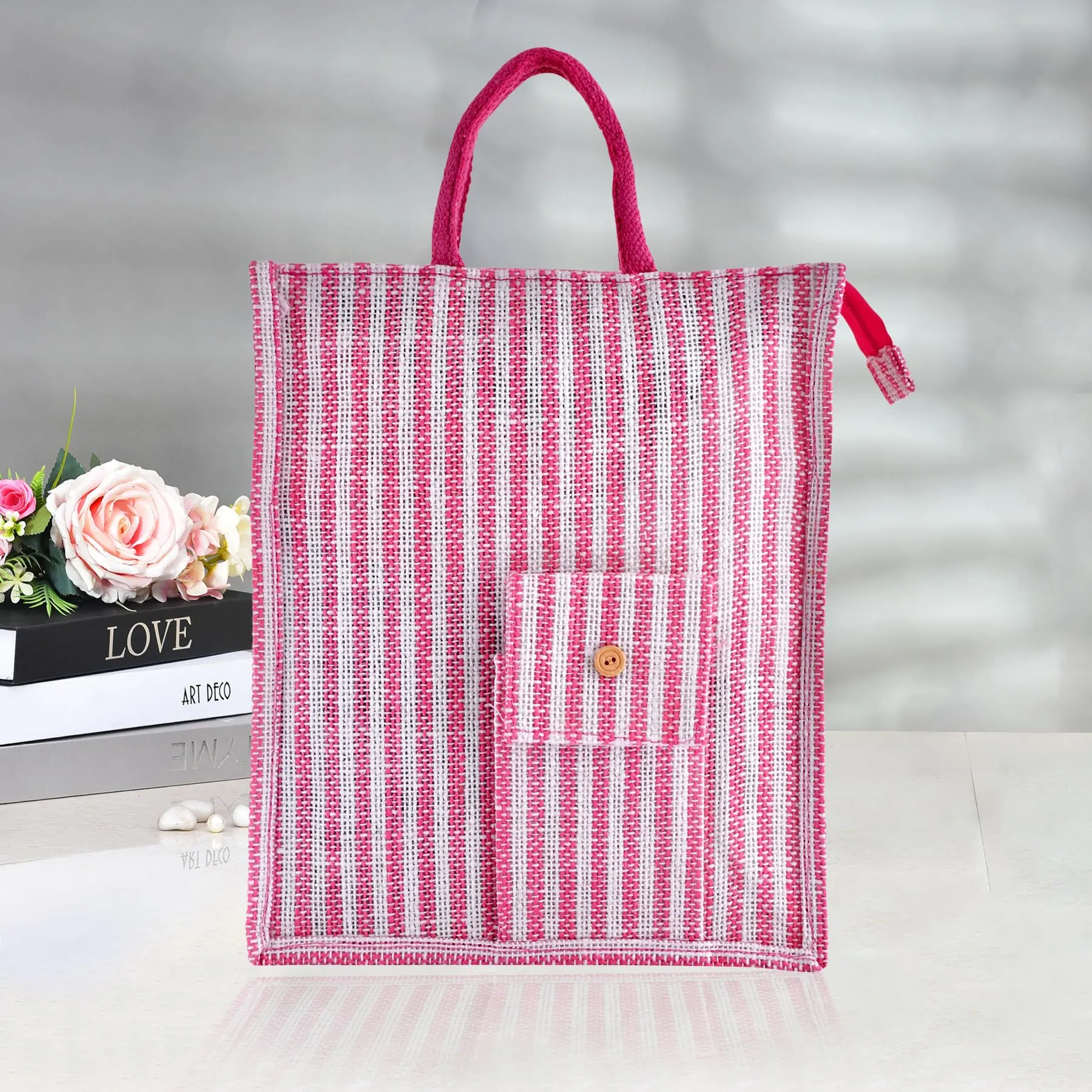 Heart Home Shopping Bag | Jute Carry Bag | Zipper Grocery Bag with Handle | Reusable Shopping Bag | Carrying Bag With Front Pocket | Lining-Grocery Bag | Medium | Pink