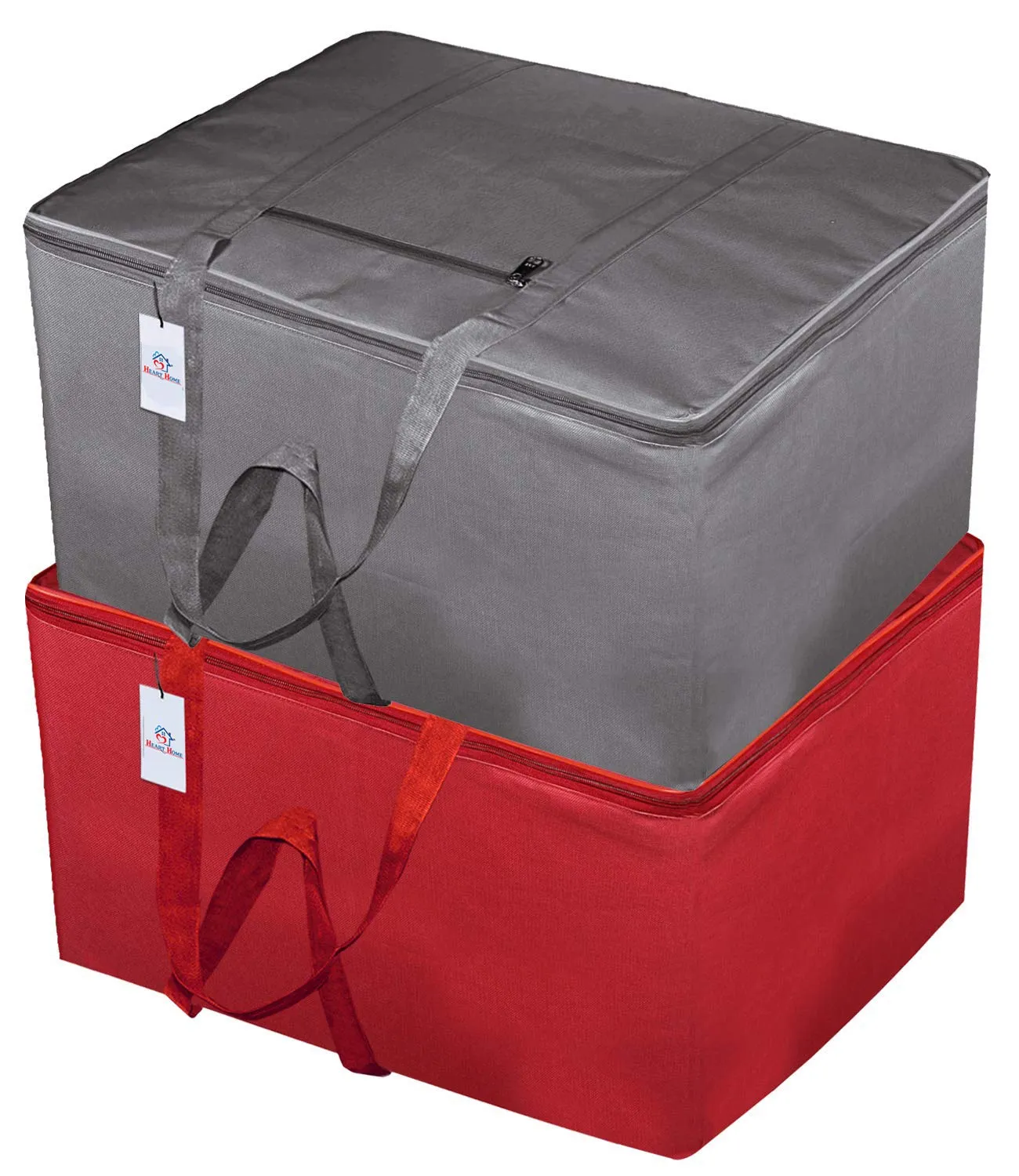 Heart Home Small Size Lightweight Foldable Rexine Jumbo Underbed Storage Bag With Zipper And Handle (Grey & Red)-Pack of 2 (F_26_HEARTH016816)