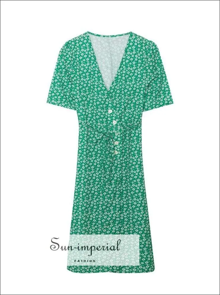 Heart Print Green Warp Midi Dress Short Sleeve V-neck Eu