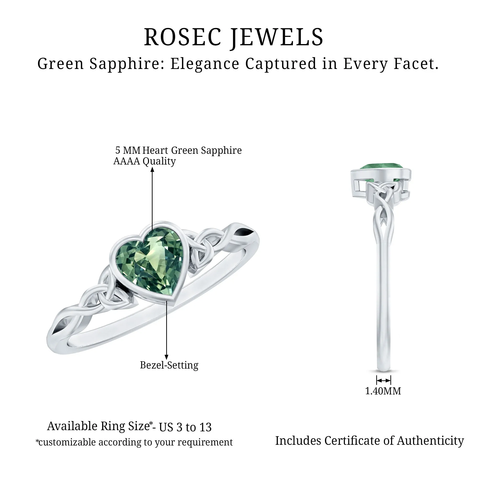 Heart Shape Lab Grown Green Sapphire Solitaire Celtic Knot Ring