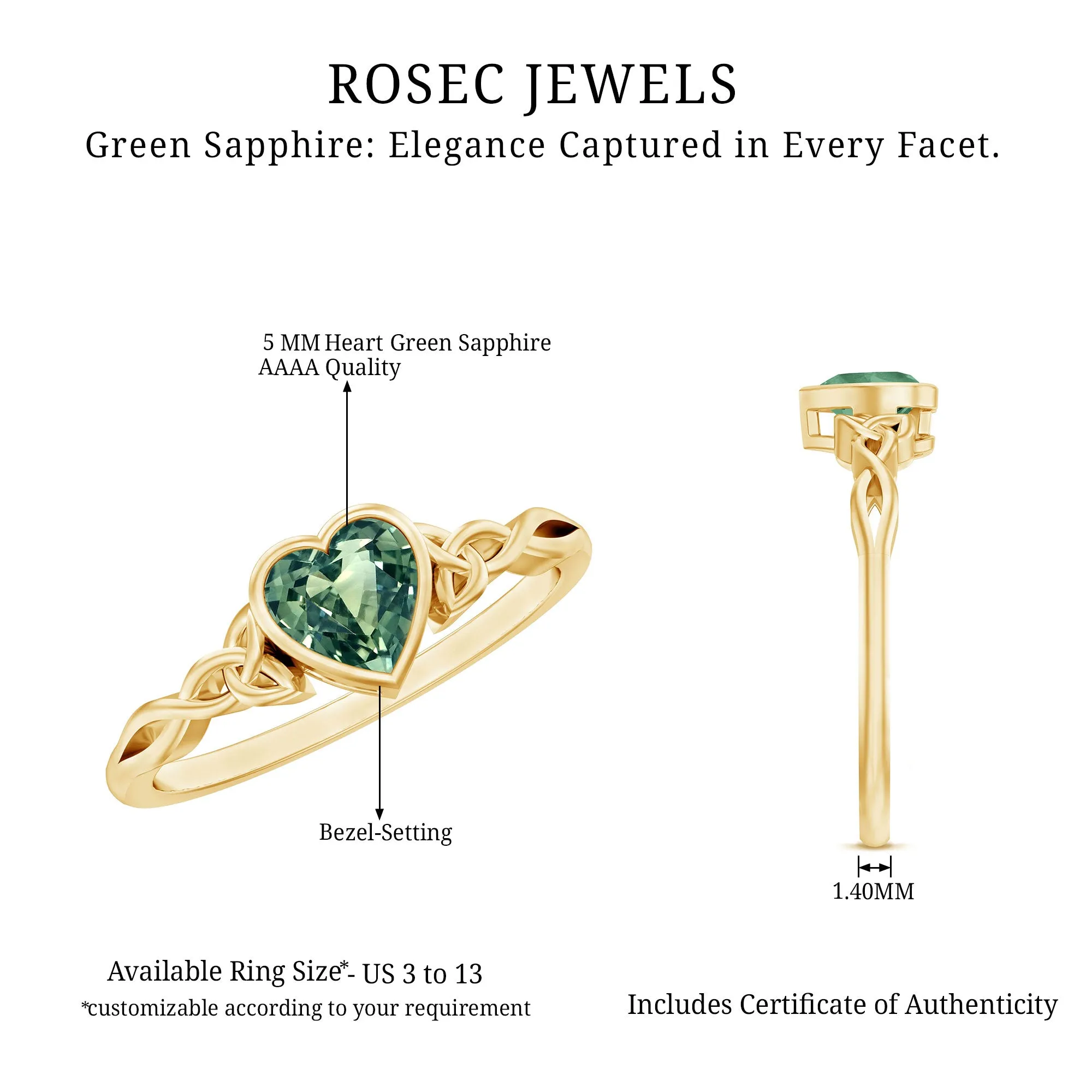 Heart Shape Lab Grown Green Sapphire Solitaire Celtic Knot Ring