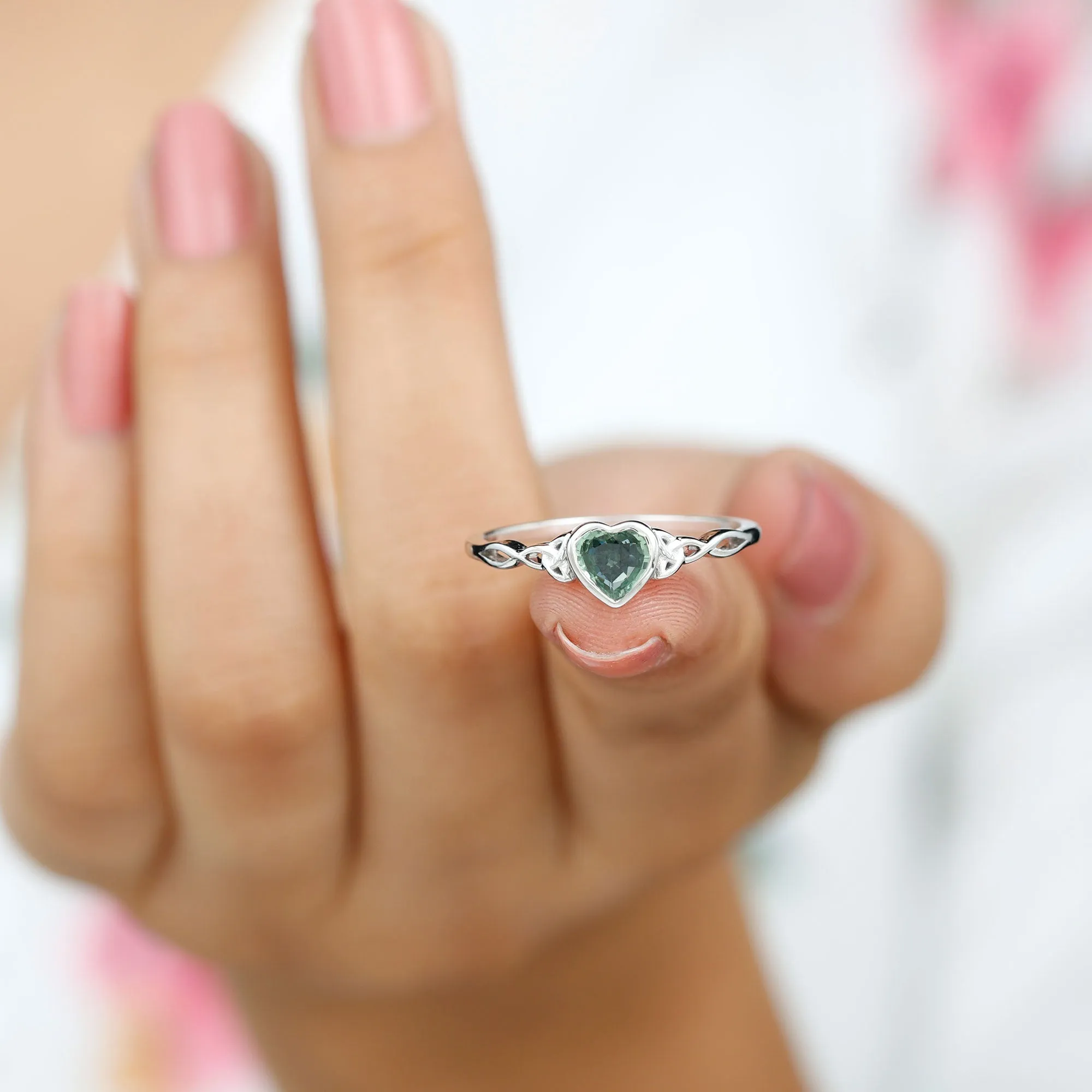 Heart Shape Lab Grown Green Sapphire Solitaire Celtic Knot Ring