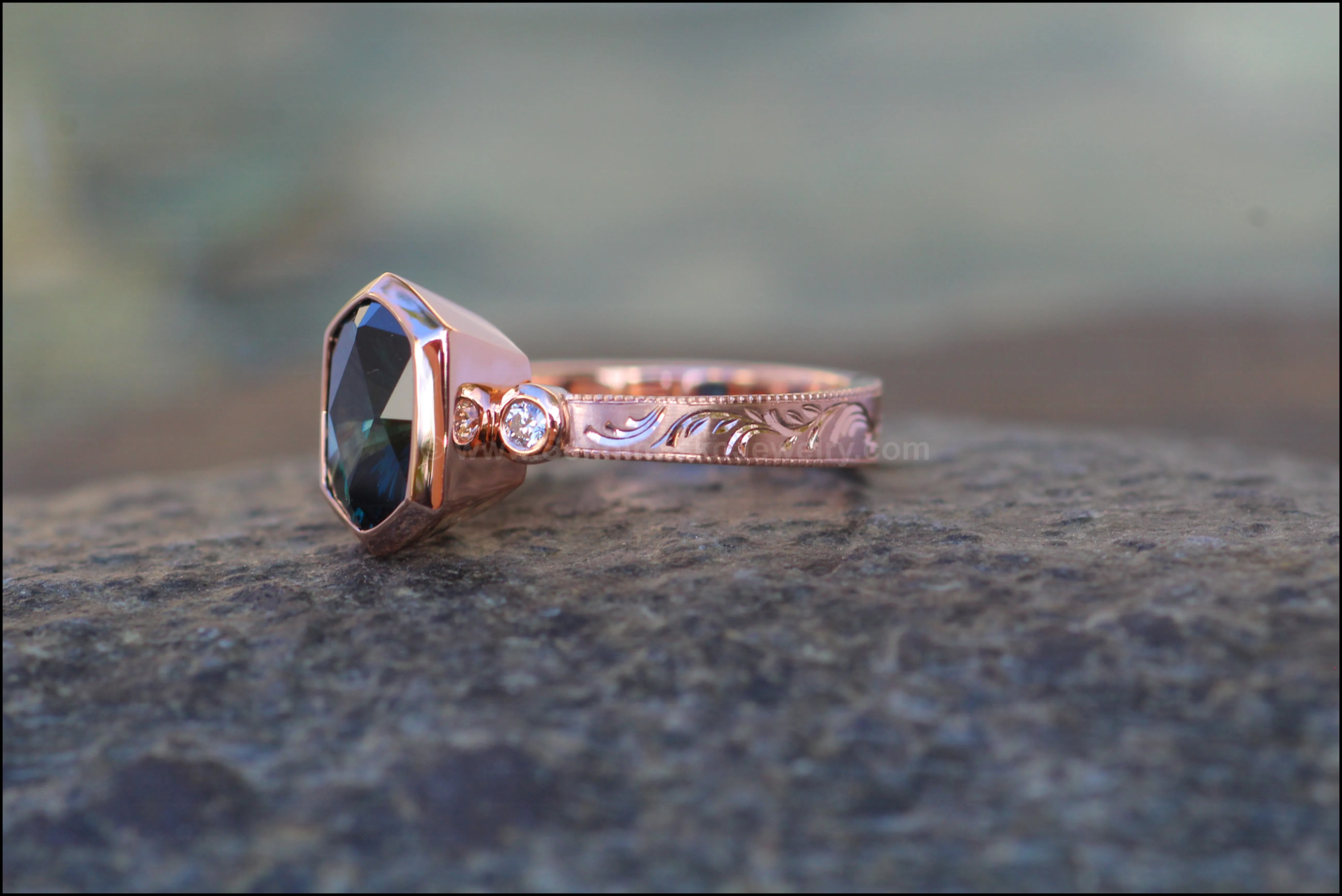 Heavy Weight Rose Gold Branches & Leaves Engraved Multi Bezel Setting - Fantasy Cut 2.6 Carat Parti Sapphire Depicted (Setting Only, Center Stone Sold Separately)