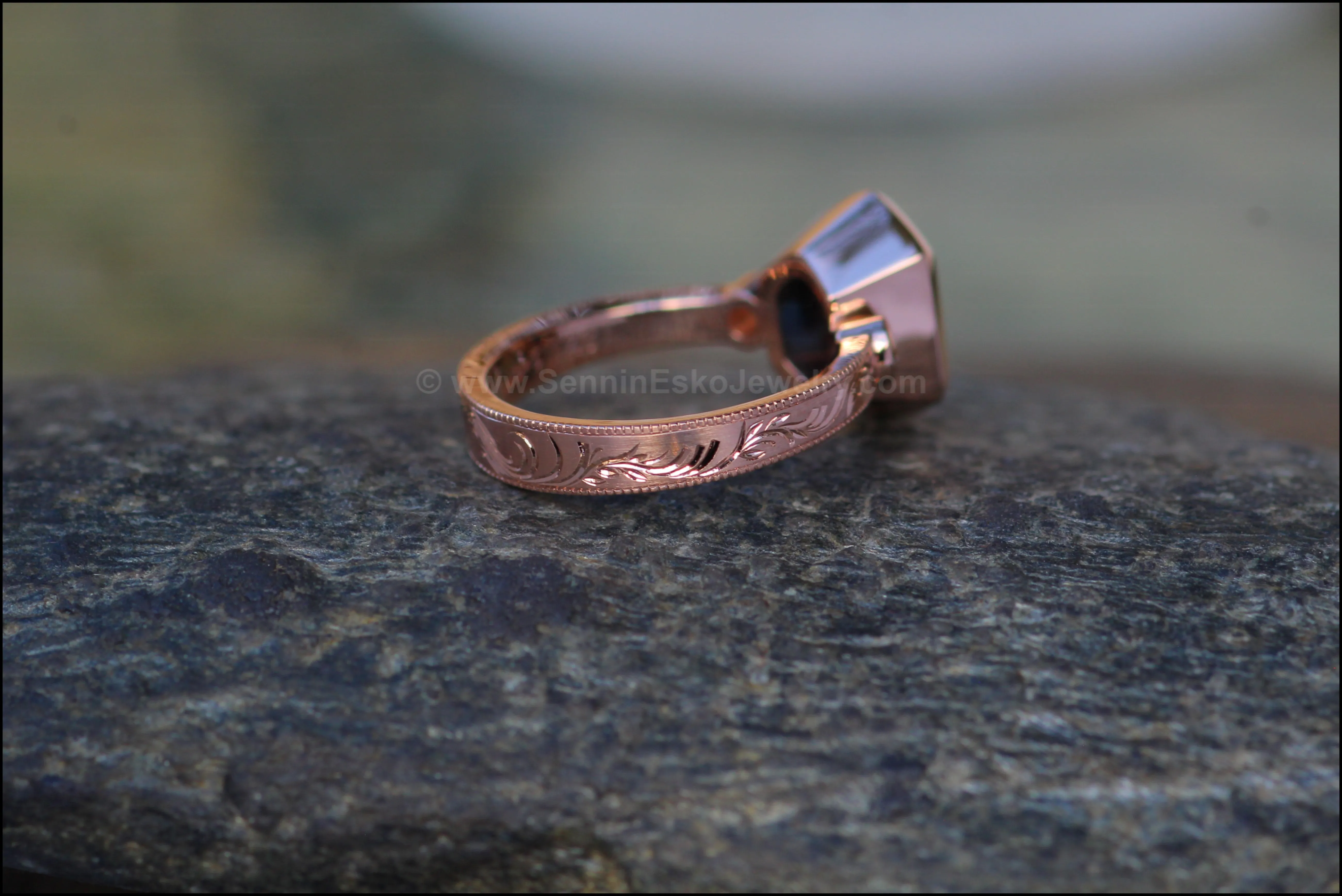 Heavy Weight Rose Gold Branches & Leaves Engraved Multi Bezel Setting - Fantasy Cut 2.6 Carat Parti Sapphire Depicted (Setting Only, Center Stone Sold Separately)