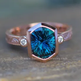 Heavy Weight Rose Gold Branches & Leaves Engraved Multi Bezel Setting - Fantasy Cut 2.6 Carat Parti Sapphire Depicted (Setting Only, Center Stone Sold Separately)