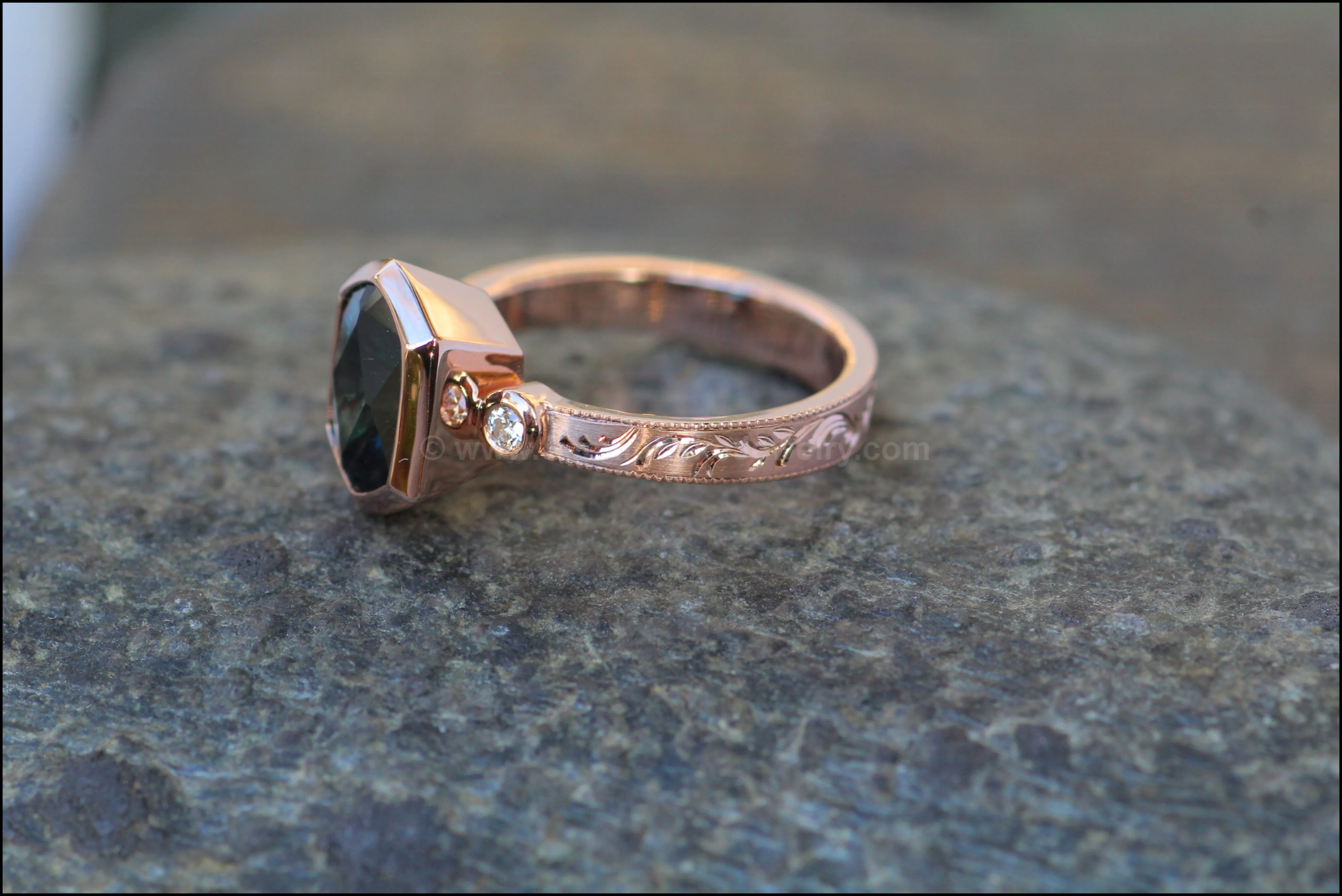 Heavy Weight Rose Gold Branches & Leaves Engraved Multi Bezel Setting - Fantasy Cut 2.6 Carat Parti Sapphire Depicted (Setting Only, Center Stone Sold Separately)