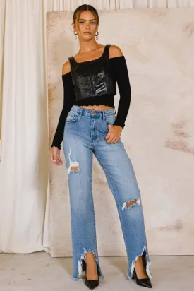 HIGH RISE DISTRESSED WIDE JEANS