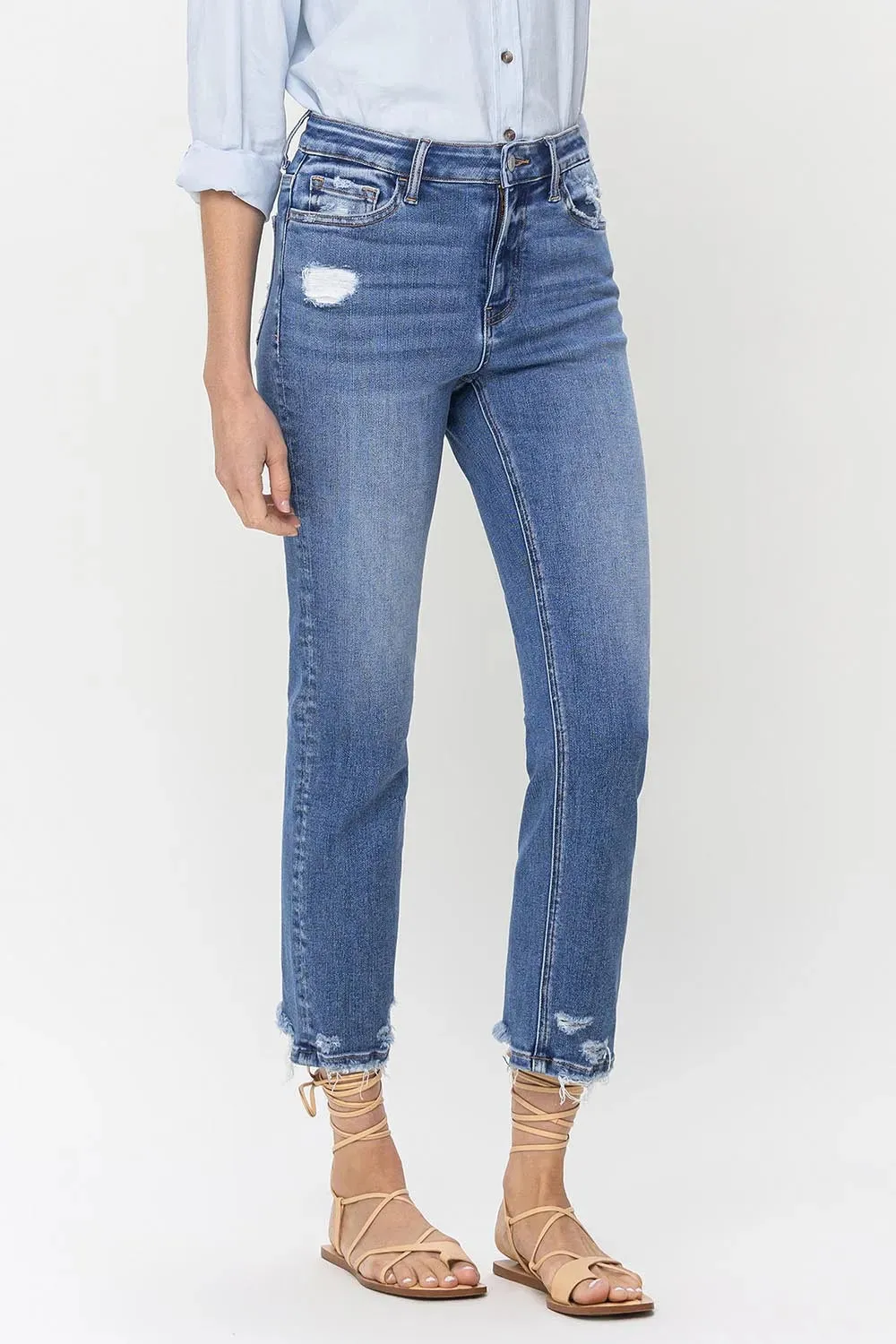 High Rise Raw Hem Straight Jeans