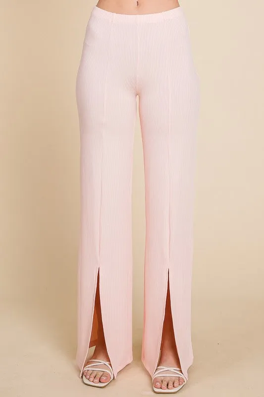 High Waist Deep Slit Ribbed Flare Pants