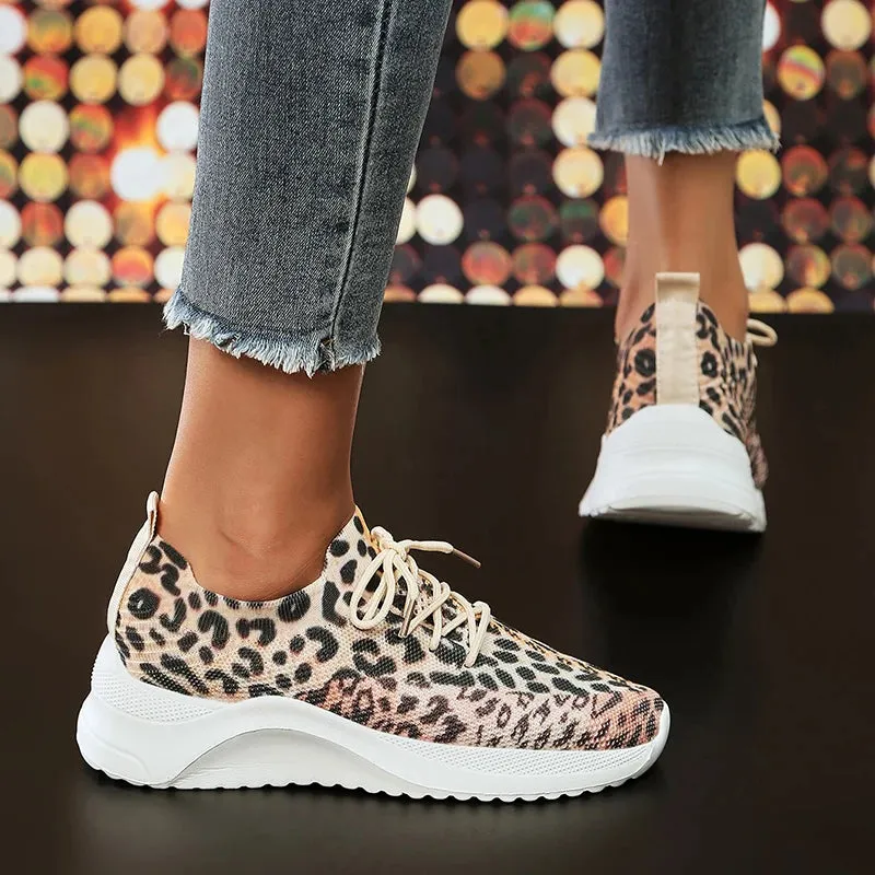 Hnzxzm New Leopard Knitted Sneakers Women Lightweight Breathable Running Shoes Woman Non Slip Casual Flats Shoes Size 43