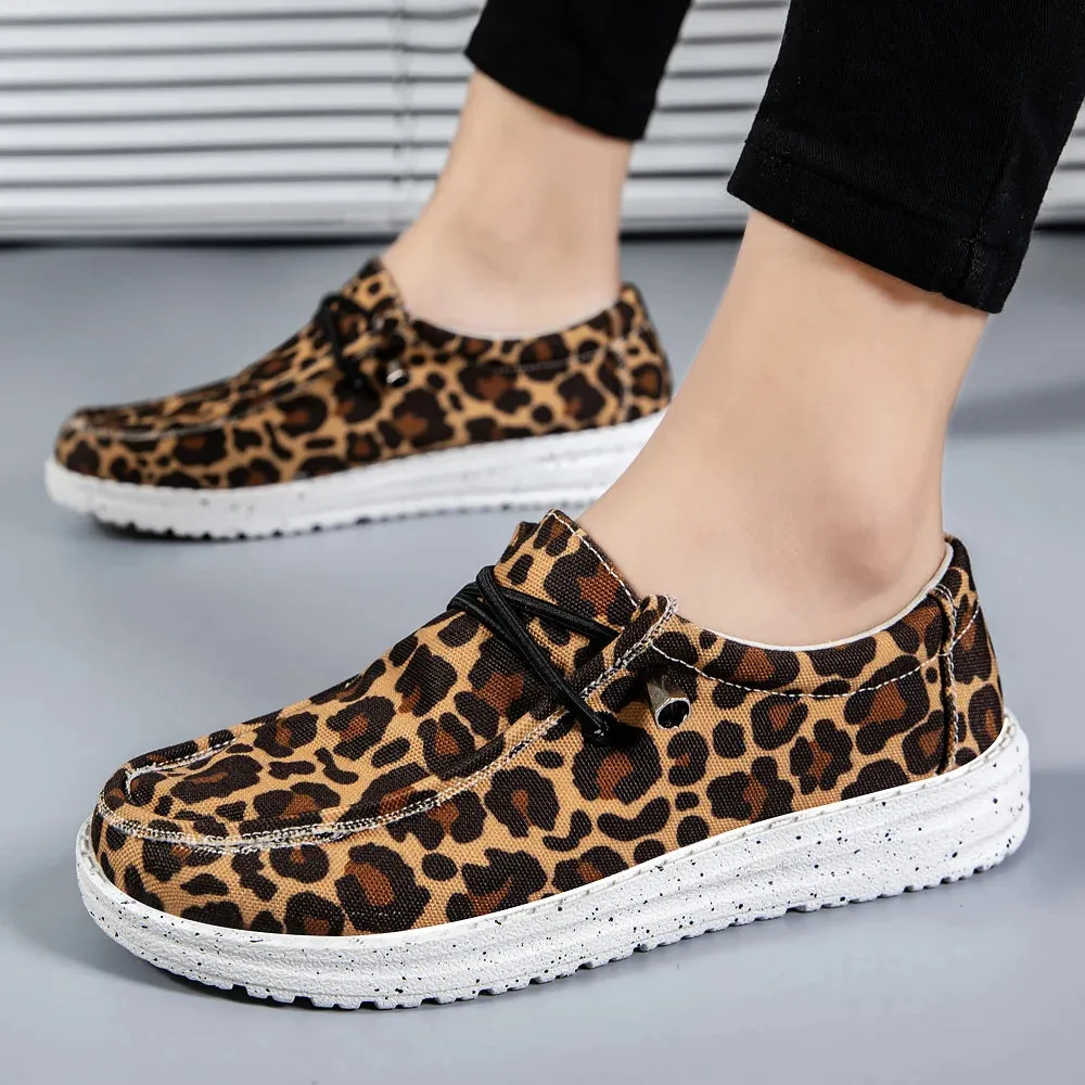 Hnzxzm Women's Flat Lace Up Loafers Leopard Print Lightweight Canvas Shoes Woman Comfortable Breathable Casual Walking Shoes Plus Size