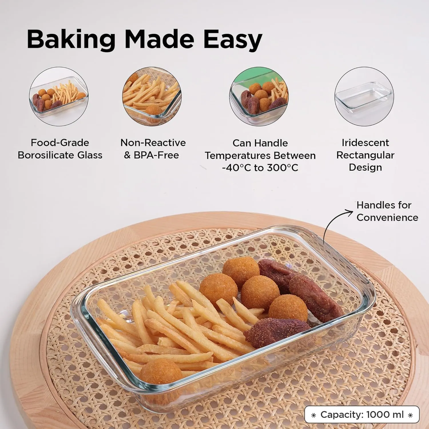 Homestic 1000 ml Borosilicate Glass Baking Tray | Transparent Microwave Oven Safe Utensils | Rectangular Bread Moulds for Baking | Dishwasher & Freezer Safe | Multipurpose use Serving Tray