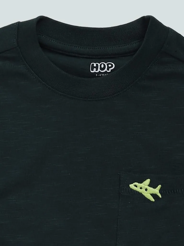 HOP Kids Solid Green Aero Embroidered T-Shirt