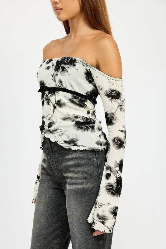 Hot Girl  Black Dahlia Floral Off Shoulder Long Sleeve Top